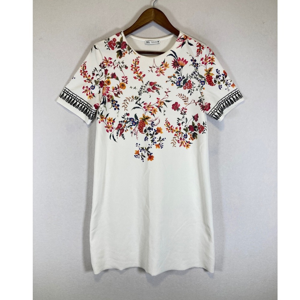 Boho Floral Zara Womens Size Small White Short‎ Sleeve Textured Shift Mini Dress